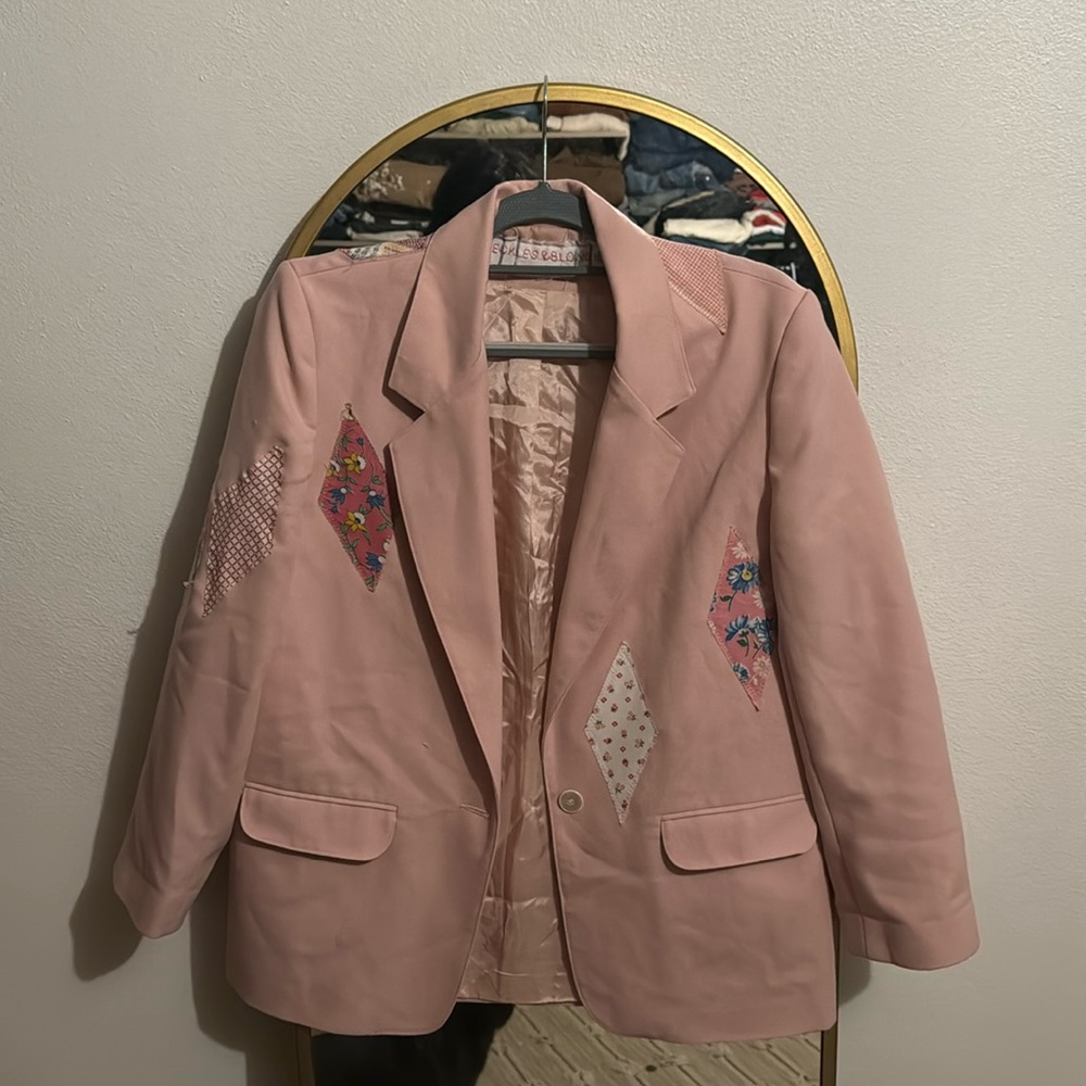 Vintage pink blazer, custom piece, patches added. Size s/M